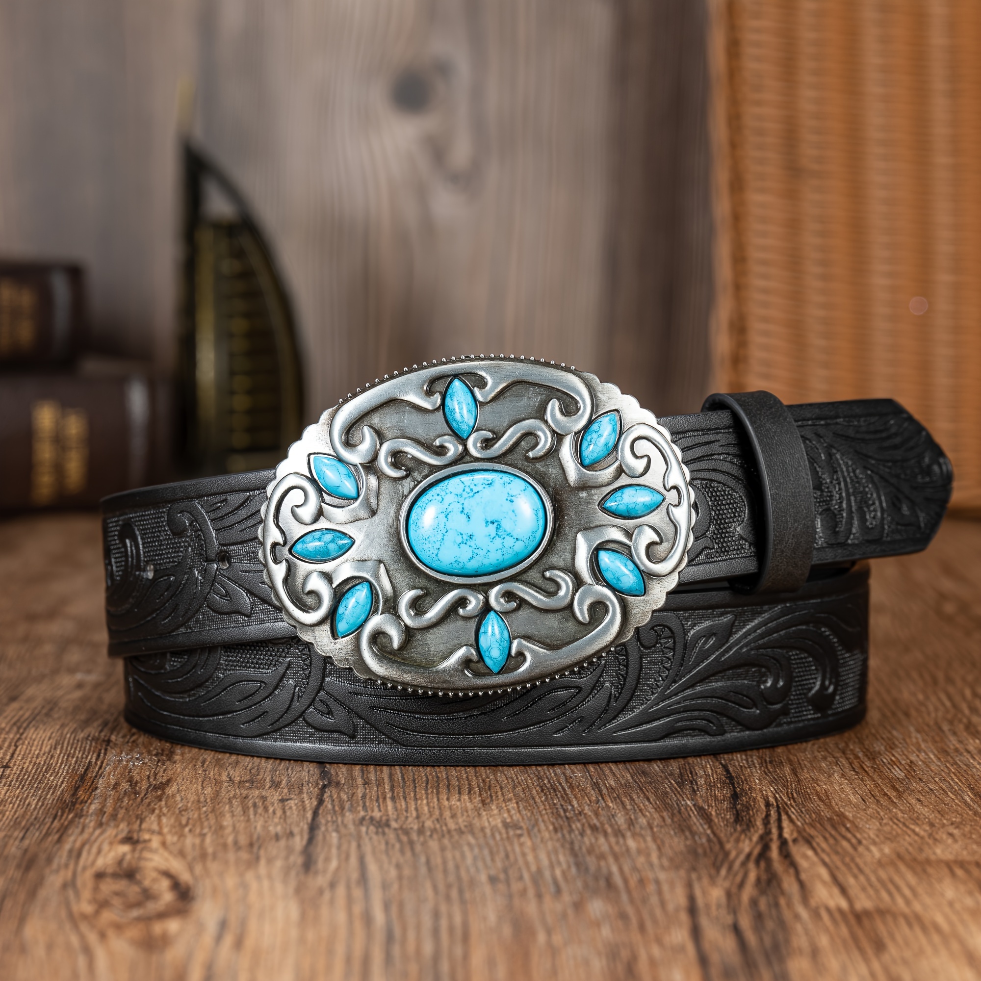 Image of Blue Yellow Sapphire Series Striped Large Plate Individual Trendy All-match Belt Pu Embossed Faux Leather Men's Belt