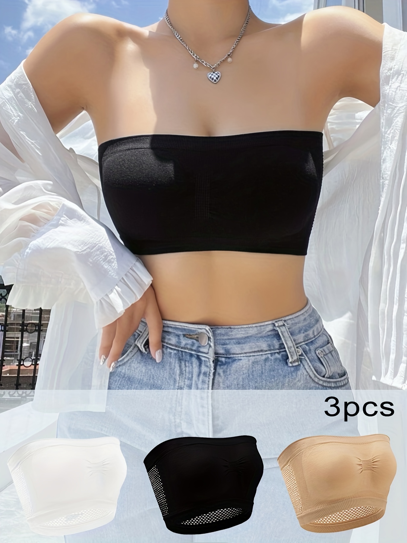 3pcs Strapless Bandeau Bras, Comfy & Soft Stretch Everyday Bra, Women's  Lingerie & Underwear