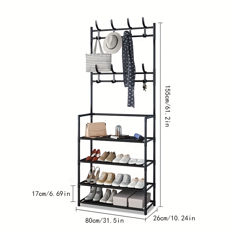 Multi-functional Entryway Shoe Organizer with Coat Hooks, 4-Tier