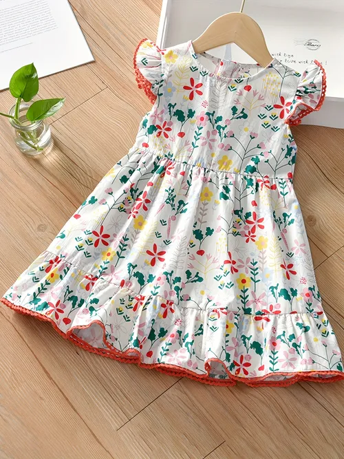Toddler Girls Cotton Short Sleeve Dress Heart Flower Pattern Kids ...