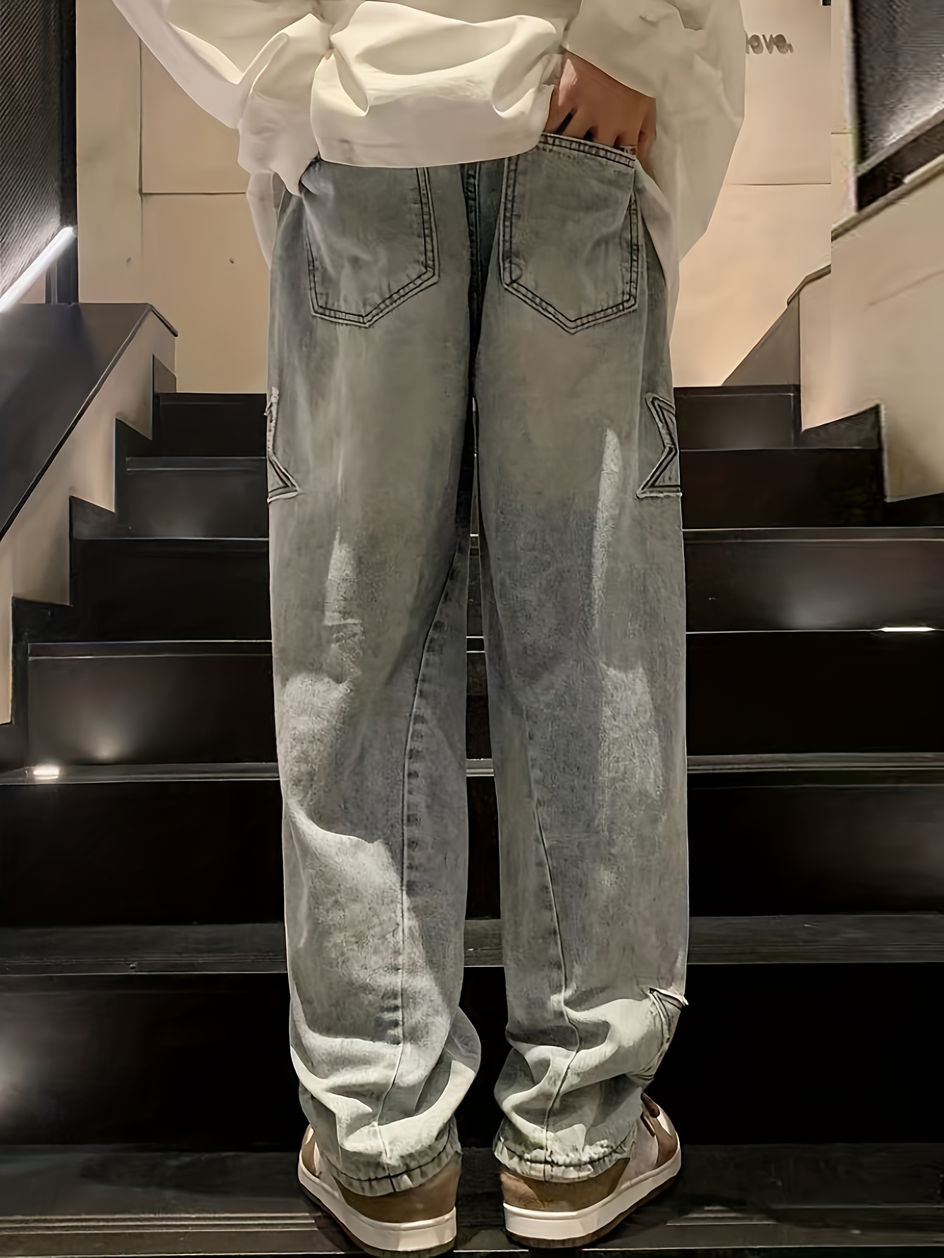Y2k Men's Star Pattern Wide Leg Jeans Casual Street Style - Temu Japan