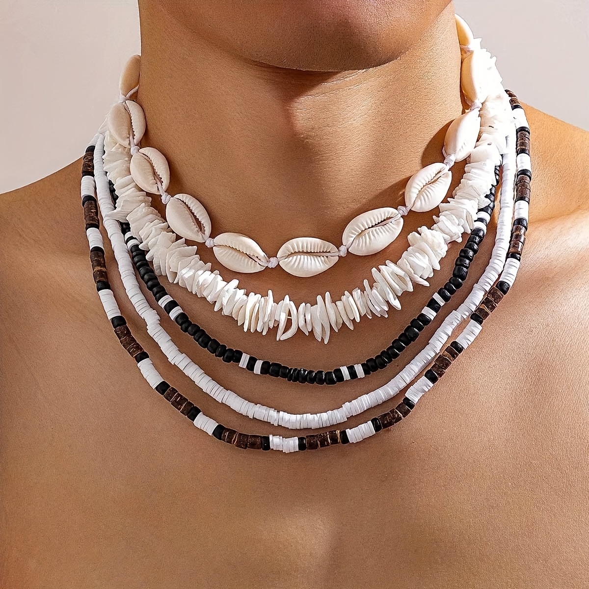 

5pcs Boho Shell Wooden Beads Soft Pottery Necklace Set, Exaggerated Stylish Unisex Accessories