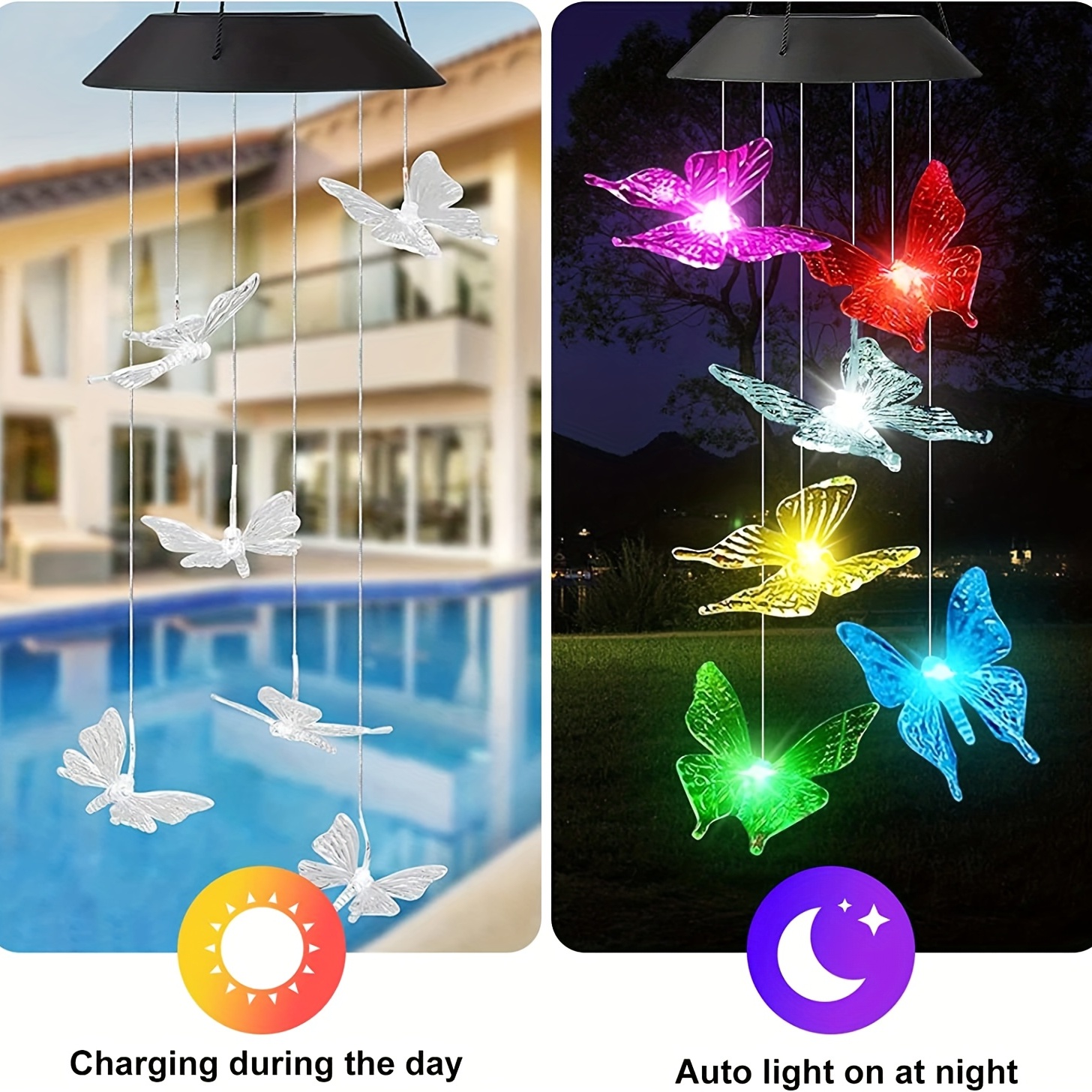 1pc butterfly solar wind chime outdoor color changing 6led lighted wind chime waterproof mobile wind chime solar powered colorful butterfly light for home party yard garden