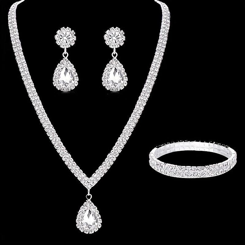 4pcs Earrings Necklace Plus Bracelet Elegant Jewelry Set Inlaid Rhinestone Perfect Evening Party Decor Wedding Accessories