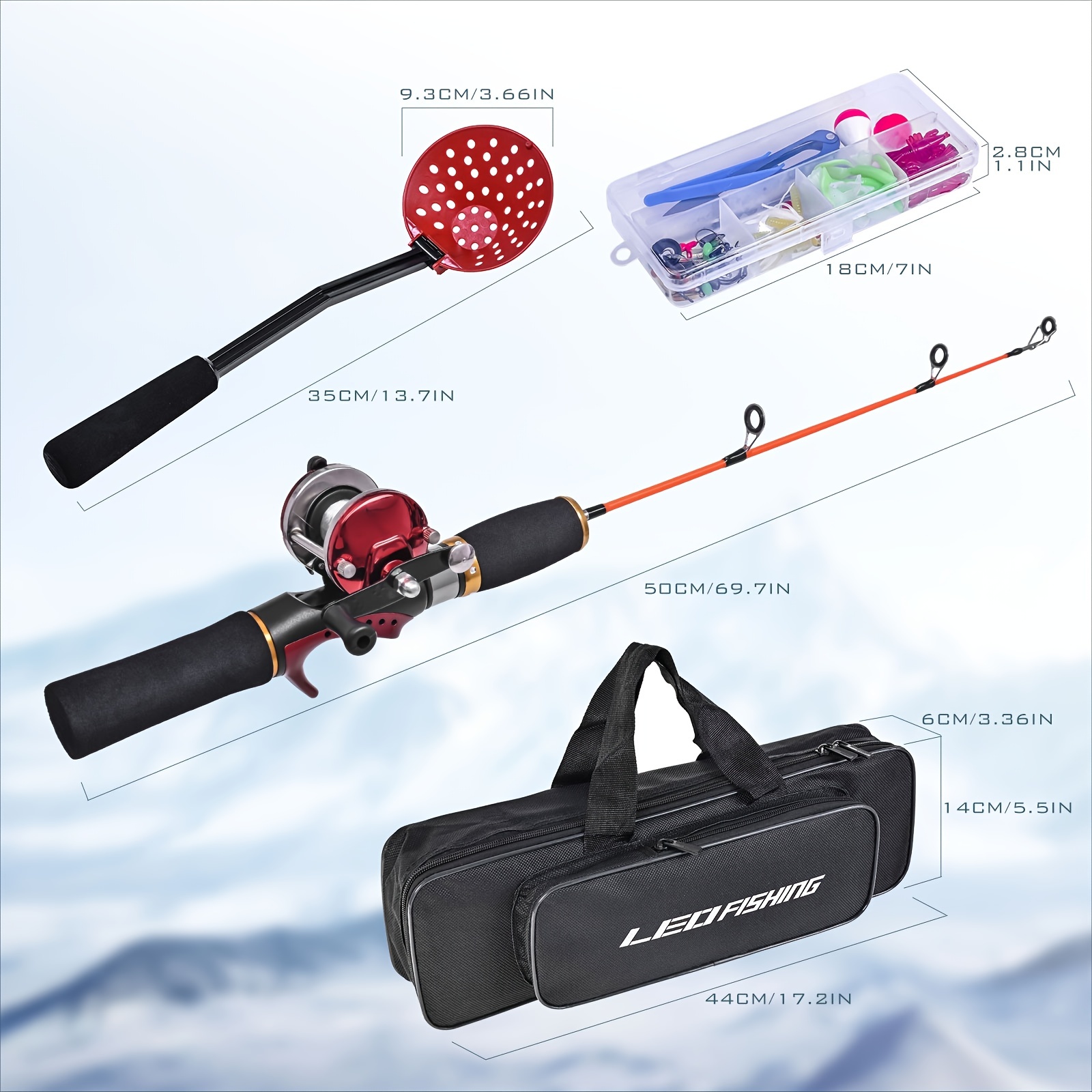 LEOFISHING Ice Fishing Rod And Reel Combos, Two-Piece Ice Fishing Pole With  Complete Kits, JIG Hooks Soft Lures, Spoon And Carrier Bag 50cm/19.7inch