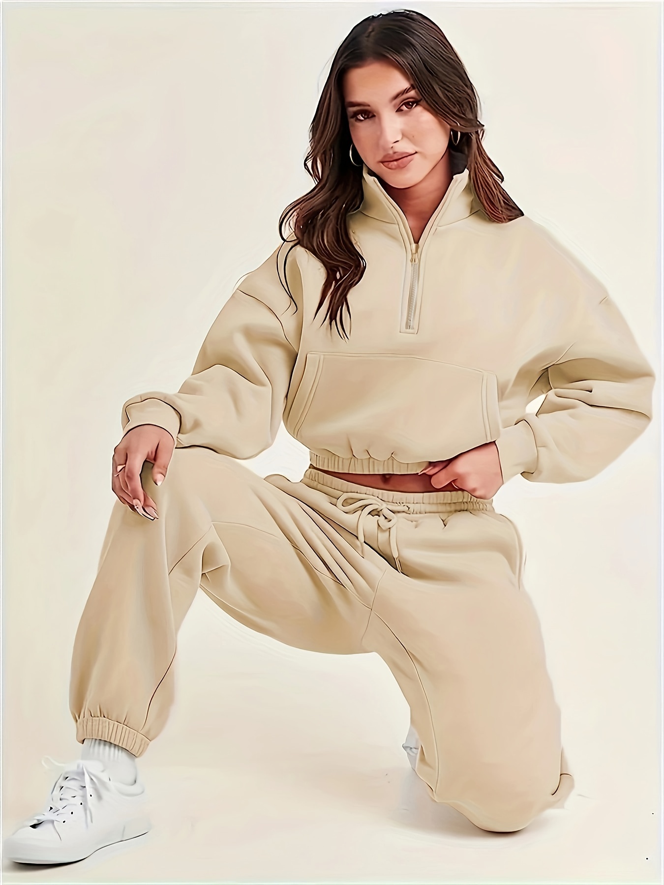  Womens Sweatsuit Set Velour Cropped Long Sleeve Hoodie  Sweatshirt And Sweatpants Sweat Suits 2 Piece Tracksuits Outfits Apricot  Small