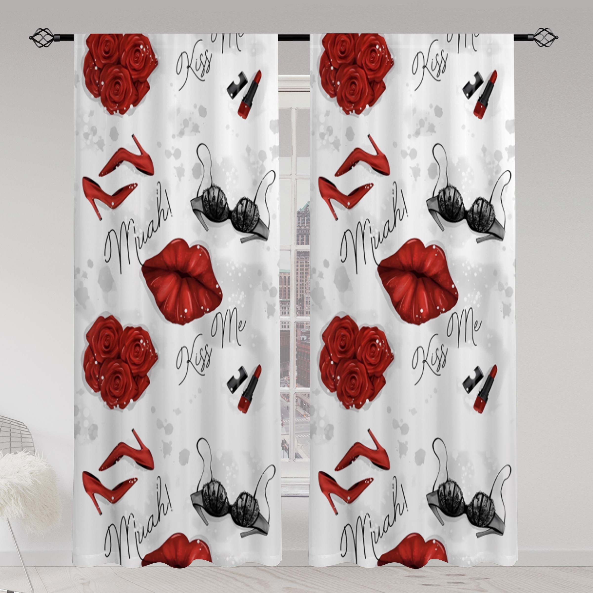 

2pcs Three-dimensional Rose Lips Printed Translucent Curtains, Valentine's Day Living Room Game Room Bedroom Multi-scene Polyester Rod Pocket Decorative Curtains Home Decor Party Supplies