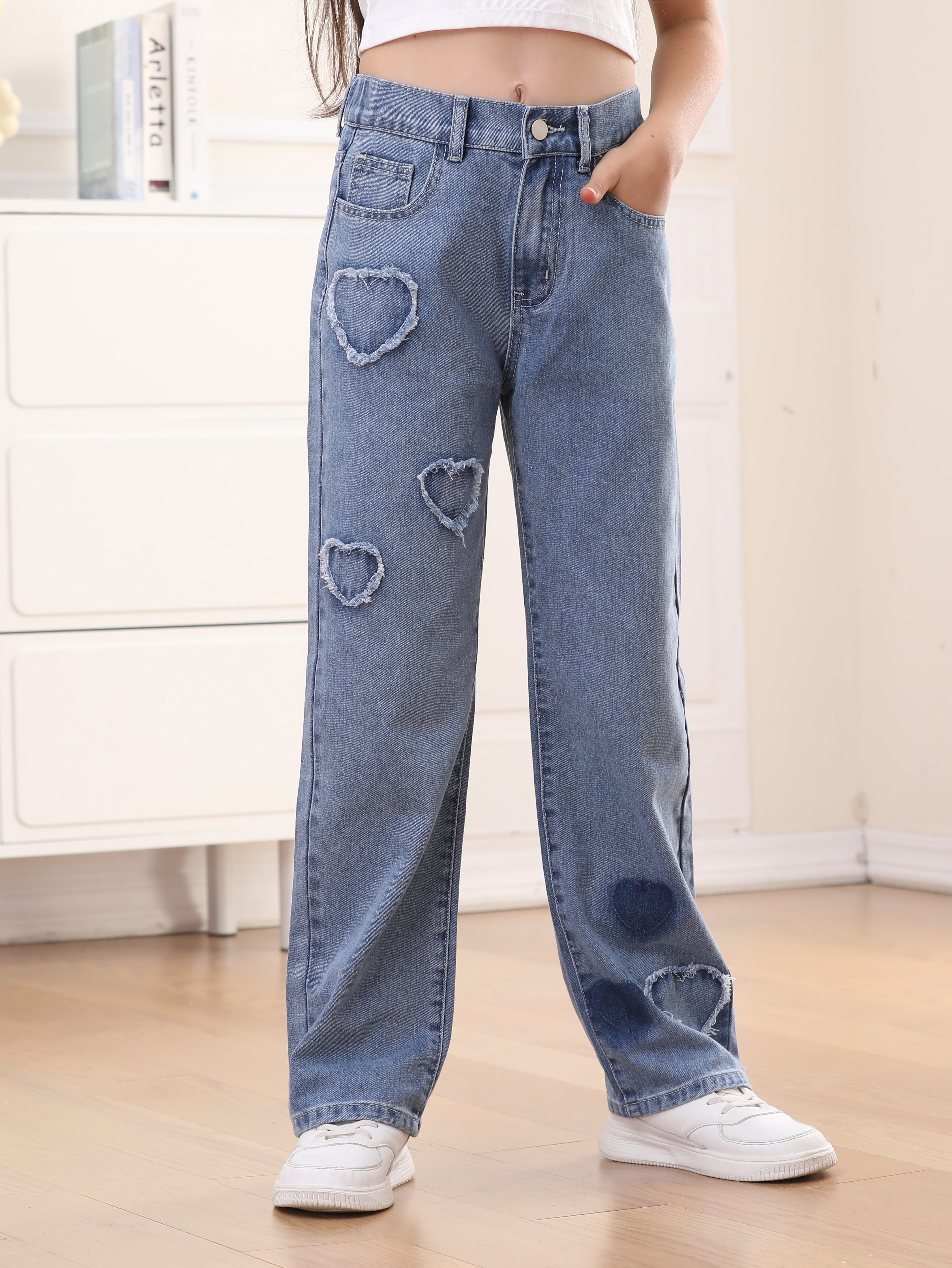 Jeans In Denim Svasati Lunghi Da Ragazza Con Toppe A Cuore Carino,  Pantaloni Alla Moda Da Ragazza Per Tutte Le Stagioni