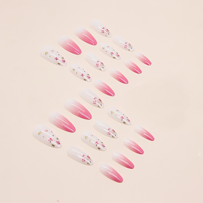 summer 24pcs pinkish gradient press on nails glossy medium almond fake nails flower pattern elegant acrylic artificial nails for women girls 1pc nail file and 1sheet jelly tabs included details 2