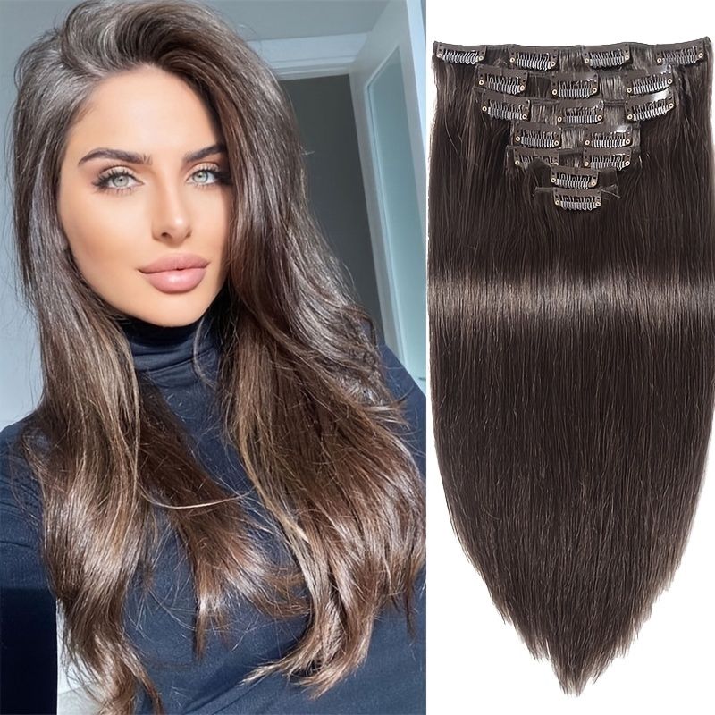 Clip In Hair Extensions Human Hair Wigs Brazilian Clip In 8 Pcs Set 2 Dark  Brown 10 22 Inch 120g | High-quality & Affordable | Temu
