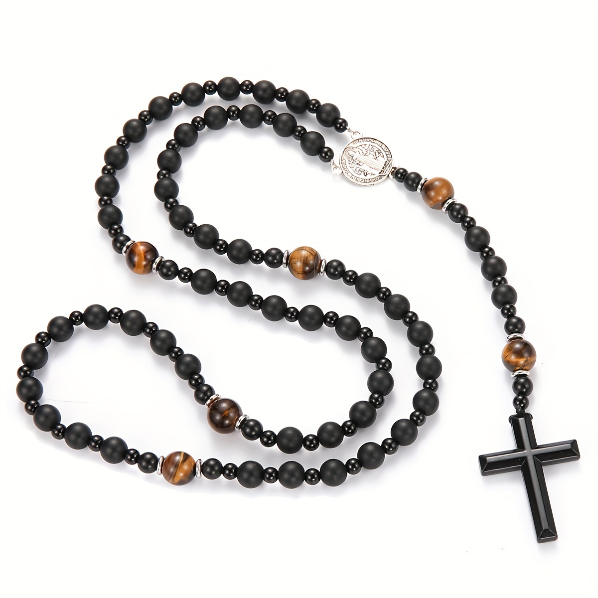Trendy Black & Yellow Tiger Eye Beaded Pendant Necklace