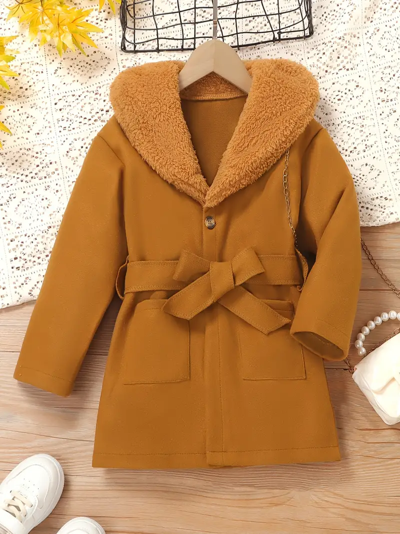 girls fashionable fur collar solid color open buckle jacket belt set for autumn and winter details 3