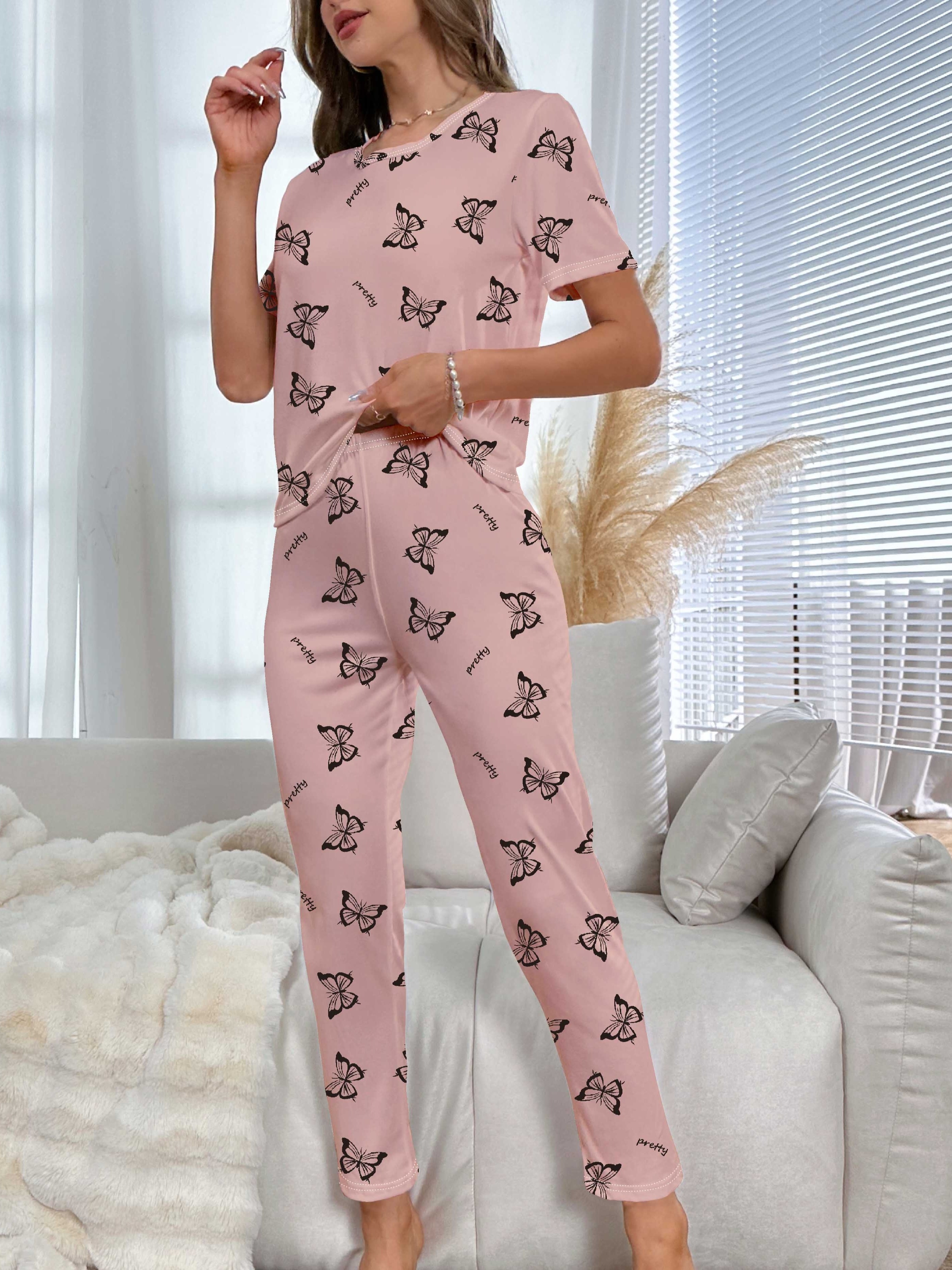 Butterfly Print Pajama Set, V Neck Cami Top & Elastic Waistband Pants