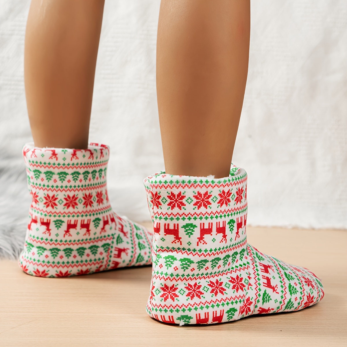 Christmas Deer Pattern Fuzzy Slipper Boots Winter Cozy Warm - Temu
