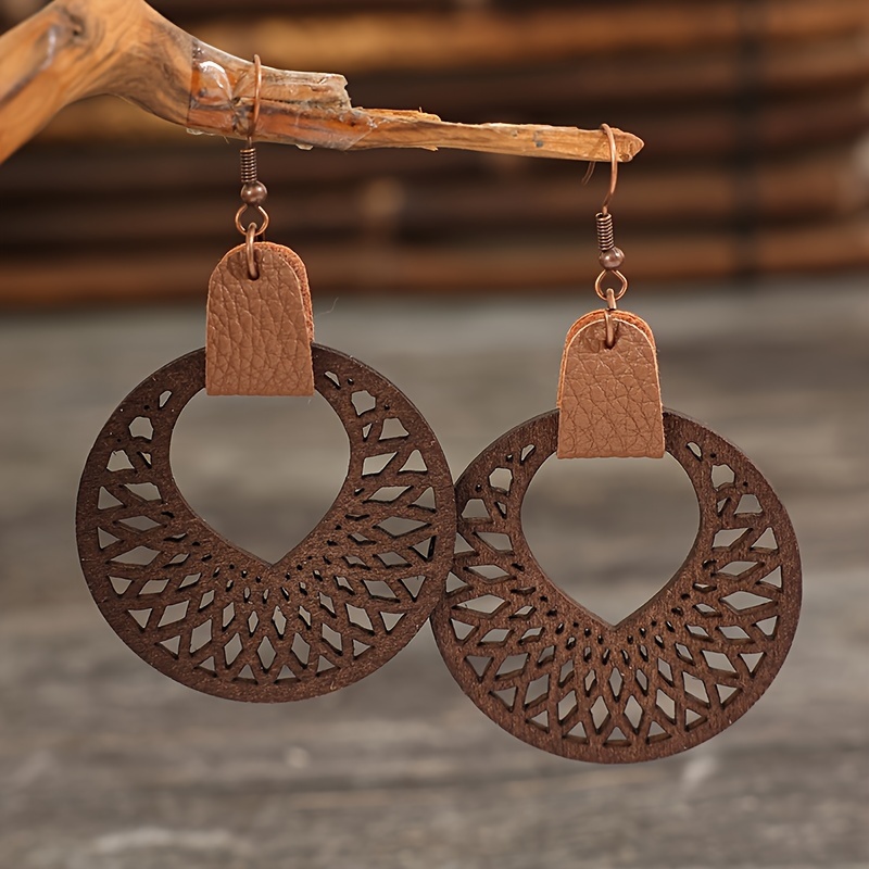 Retro Style Round Hollow Leather Earrings