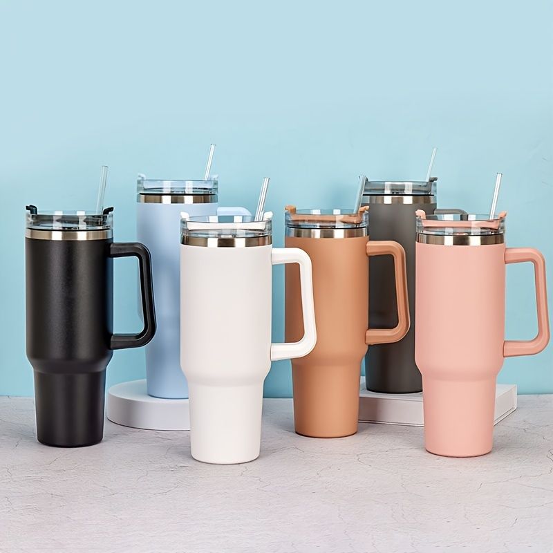 1pc 40oz straw tumbler reusable vacuum tumbler with straw insulated double wall stainless steel cup handle and vacuum flask handy cup teacher appreciation gifts 0