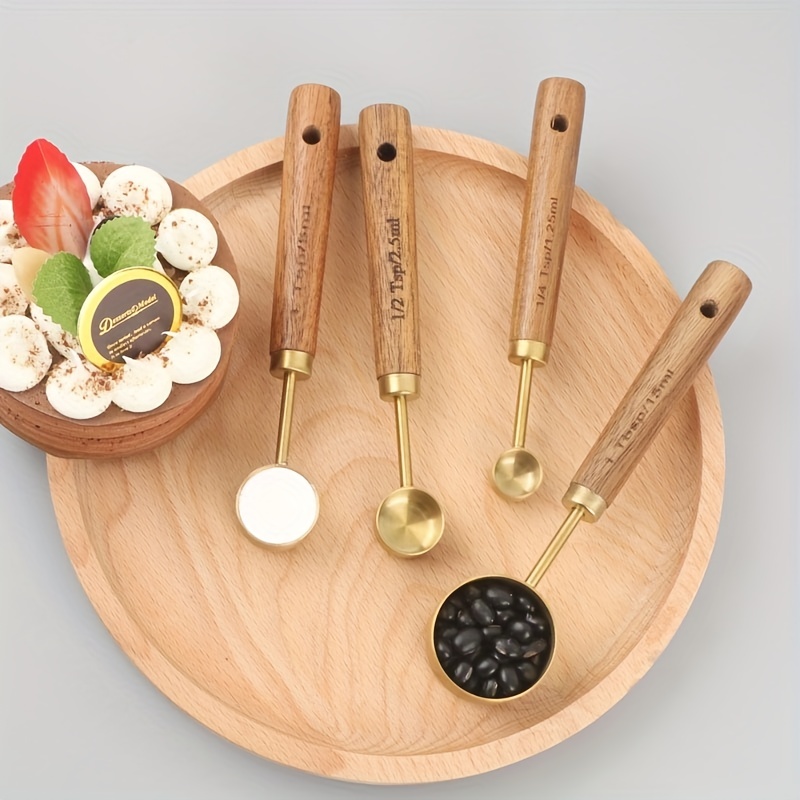 4/8pcs Wooden Gold Measuring Cups And Spoons Stainless Steel