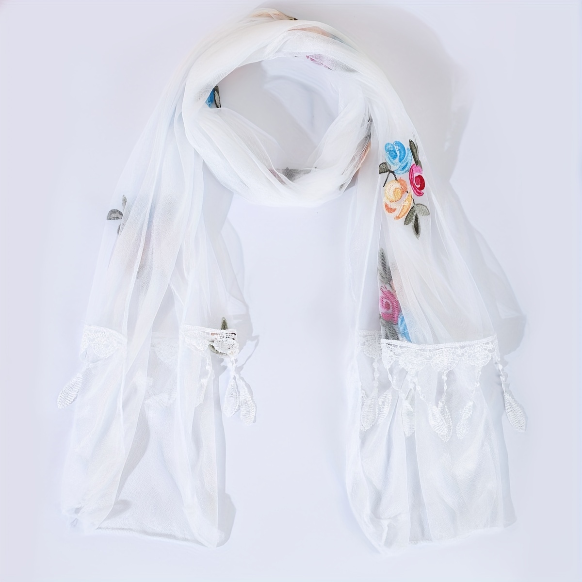 Flower Embroidery Tassel Scarf Boho Lace Shawl Head Wrap