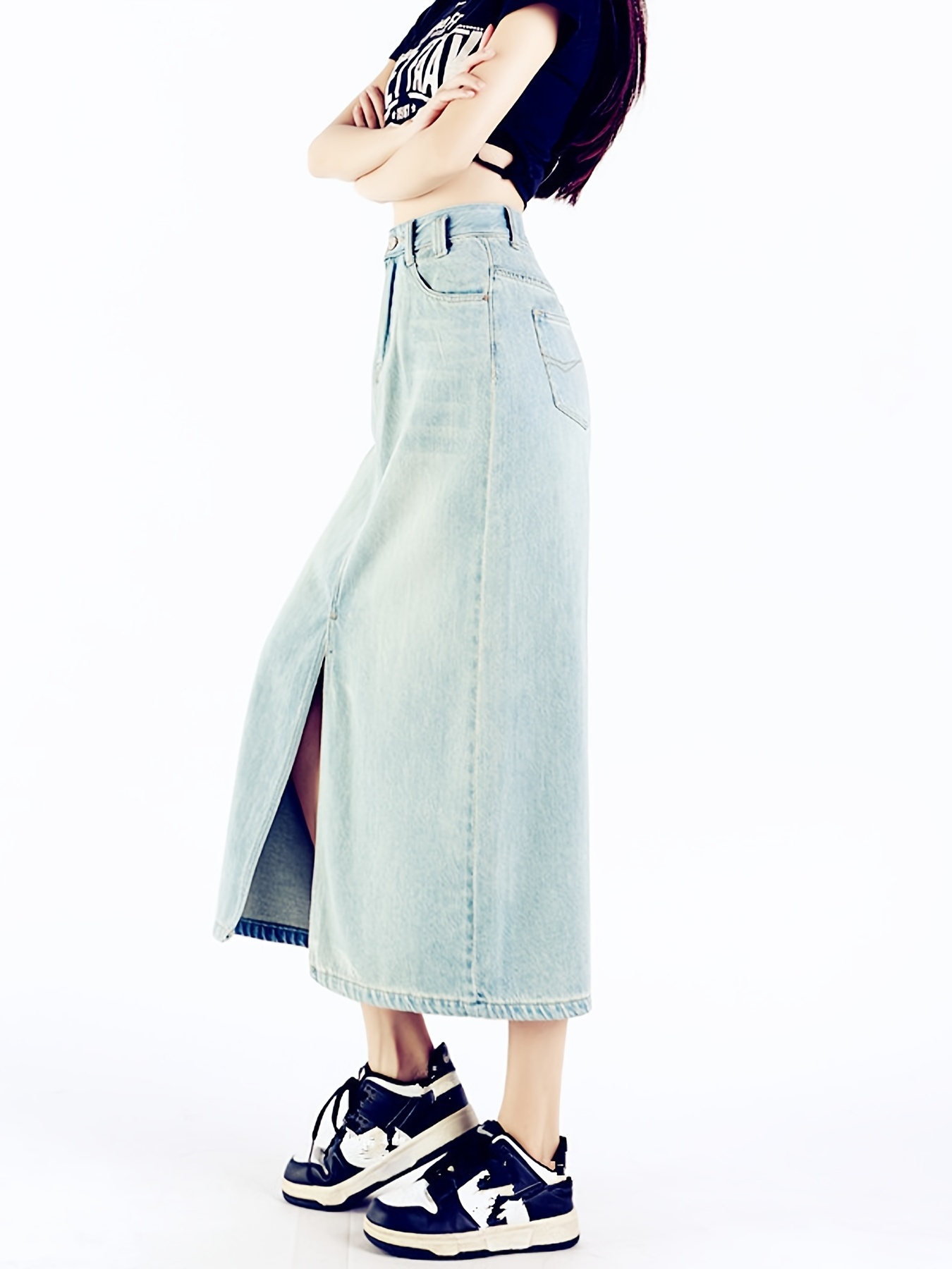 High Slit Denim Midi Skirt Slash Pockets Non stretch Casual - Temu