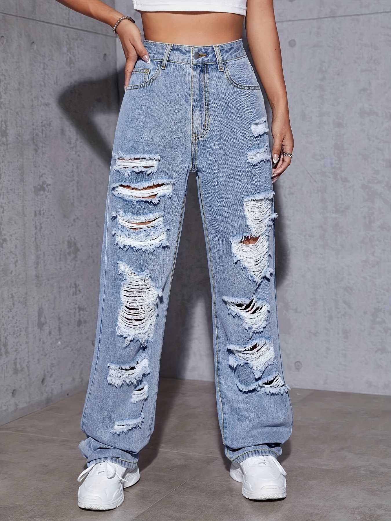 Blue Ripped Holes Straight Jeans, Loose Fit Distressed Slant Pockets Casual  Denim Pants, Women's Denim Jeans & Clothing