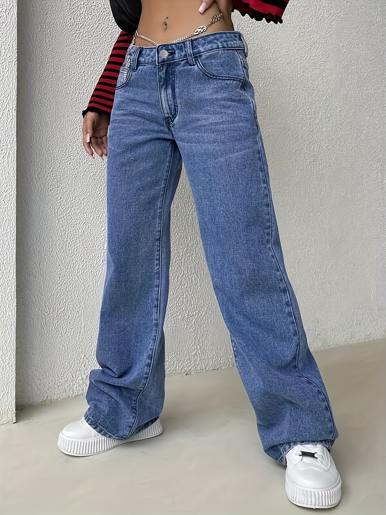 Blue Side Button Straight Jeans Loose Fit Slant Pockets - Temu
