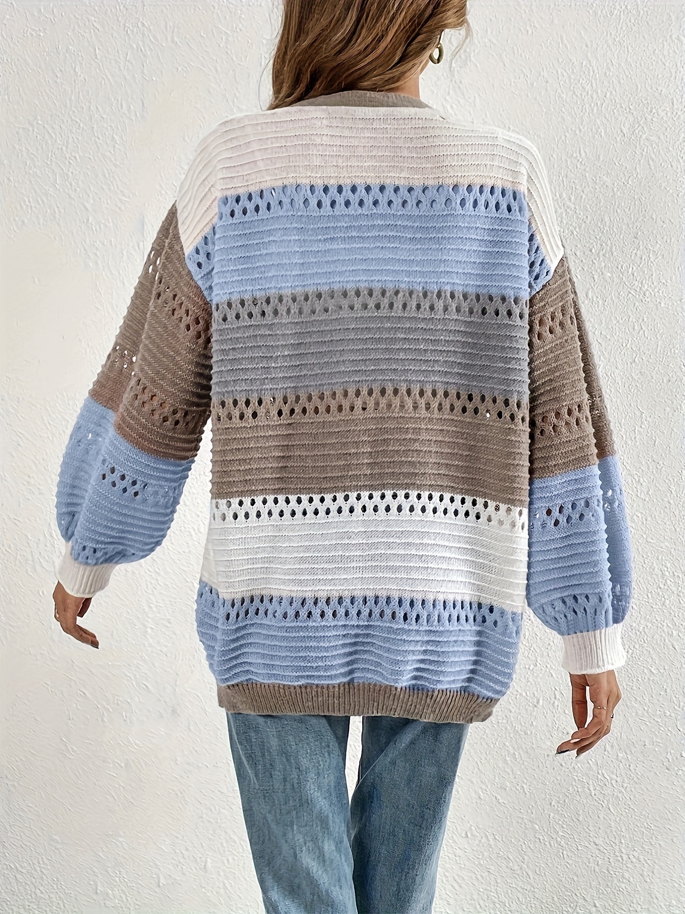 Cut Out Block Knit Cardigan Long Sleeve Sweater