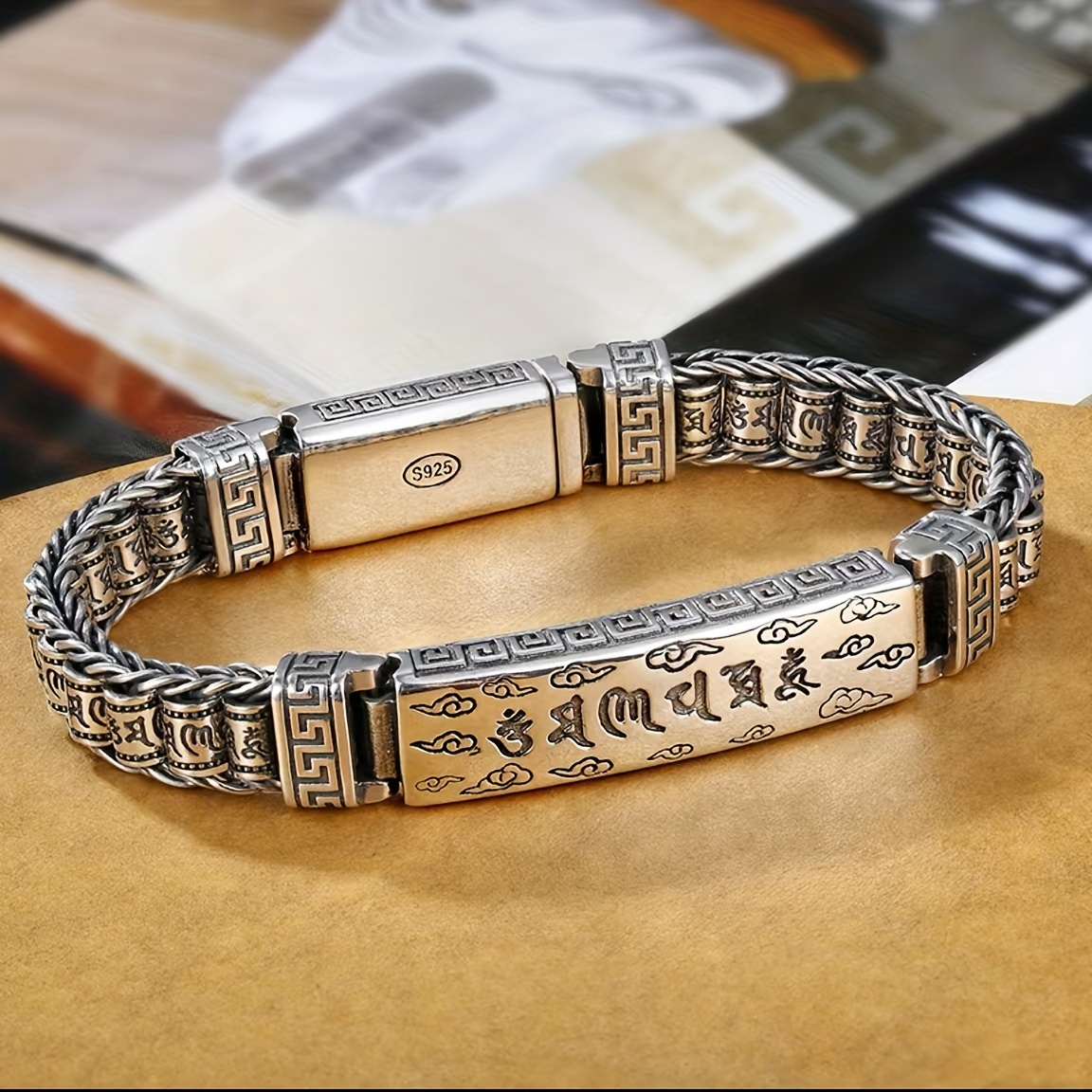 S925 Sterling Silver Bracelet, Men's Fashion Retro Sterling Silver