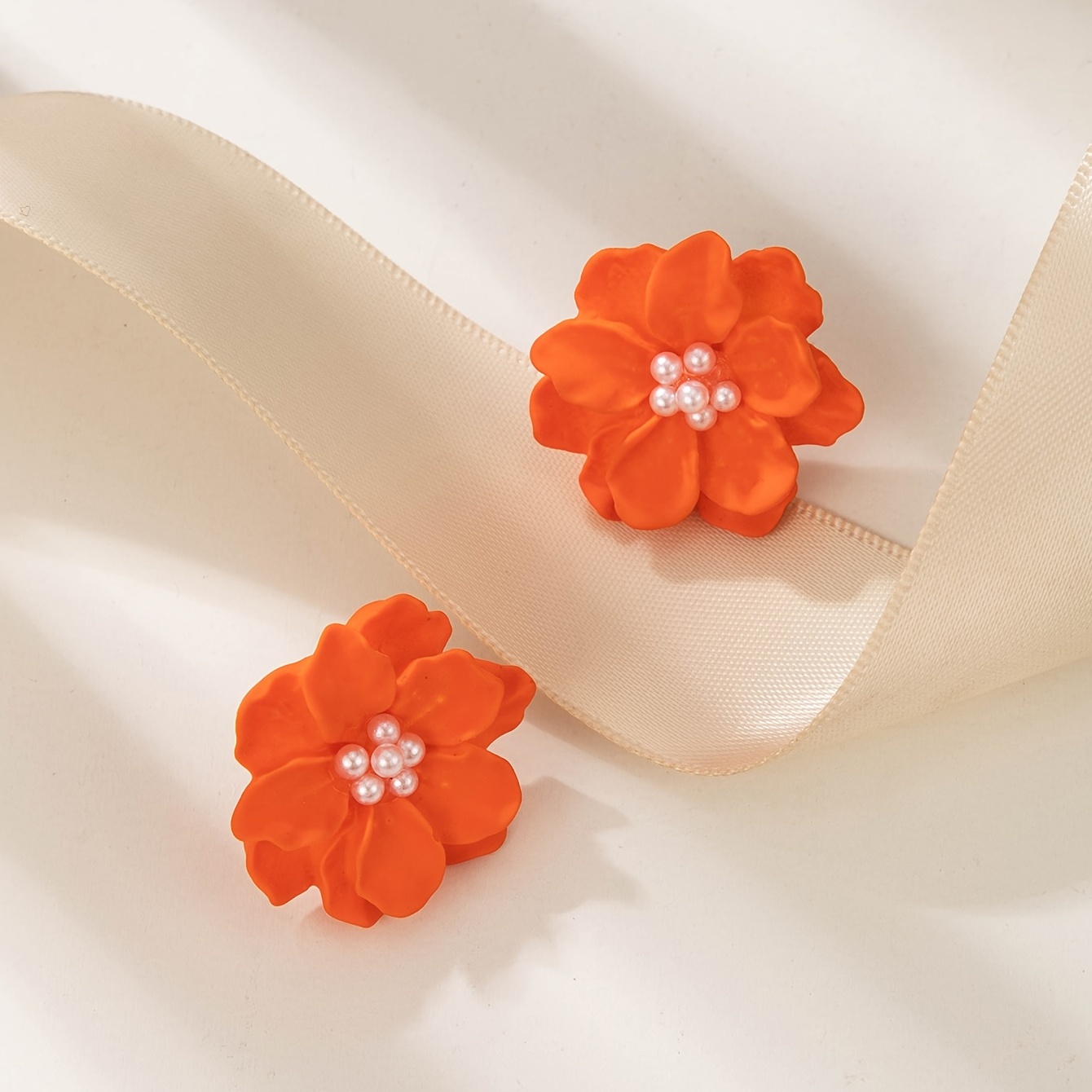 Versatile Orange Camellia Flower Stud Earrings, 1 Pair