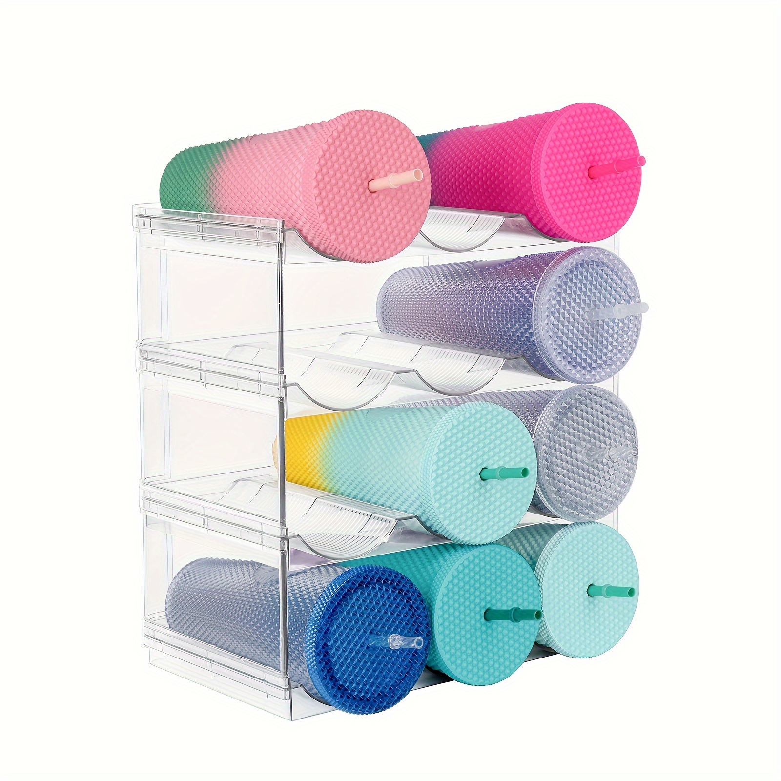 4 Pack Stackable Water Bottle Holders - Kitchen Organization Racks for  Fridge, Pantry and Cabinets - Plastic Storage for Tumblers, Mugs and Cups
