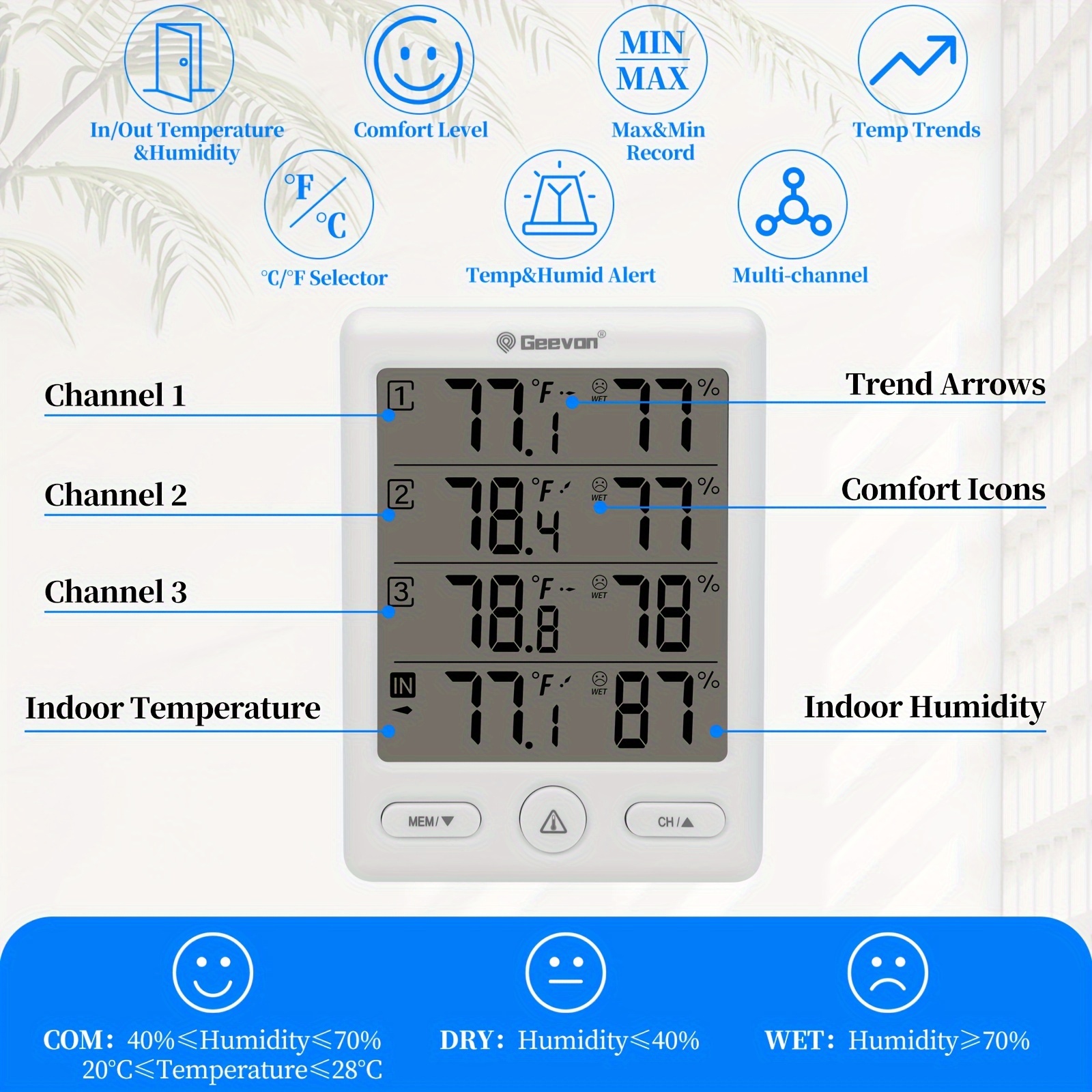 Geevon Indoor Outdoor Thermometer Wireless with 3 Remote Sensors, Digital  Hygrometer Thermometer, Temperature Gauge Humidity Monitor with Backlight