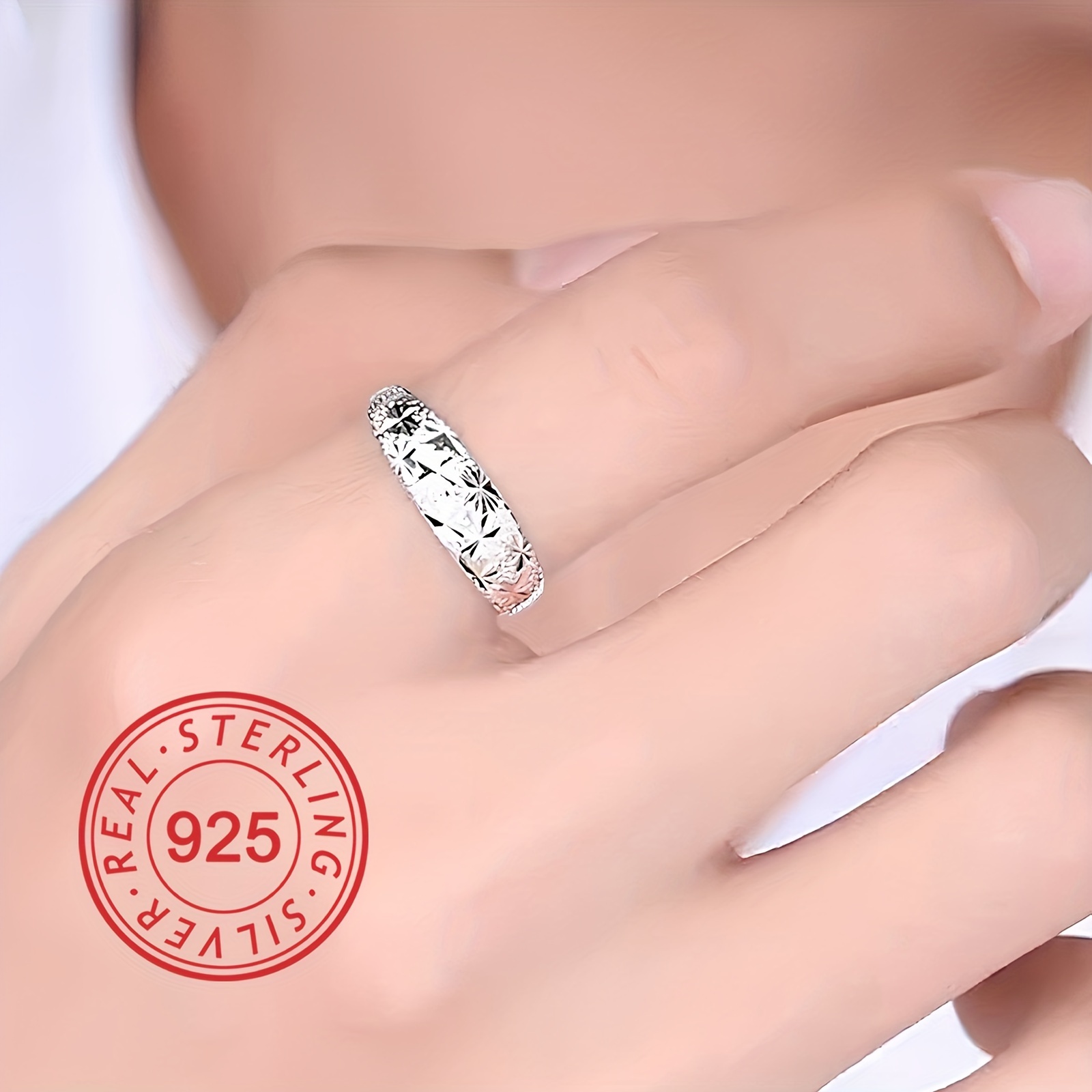 925 Silver Band Ring Geometric Carving Surface Men Women Adjustable High Ring