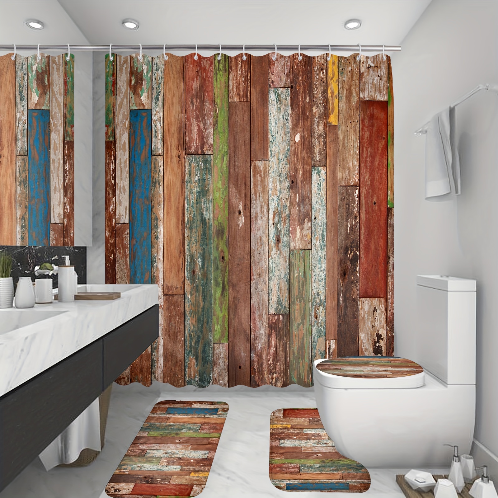 Wooden Pattern Shower Curtain Set Rustic Colorful Wooden - Temu