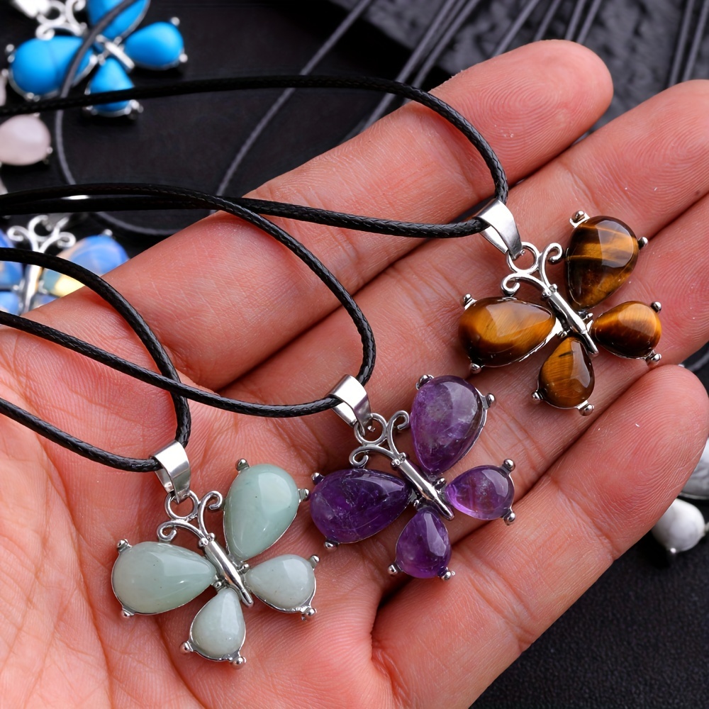 Butterfly Gem Necklace Rose Quartz Amethyst Opal Crystal Stone