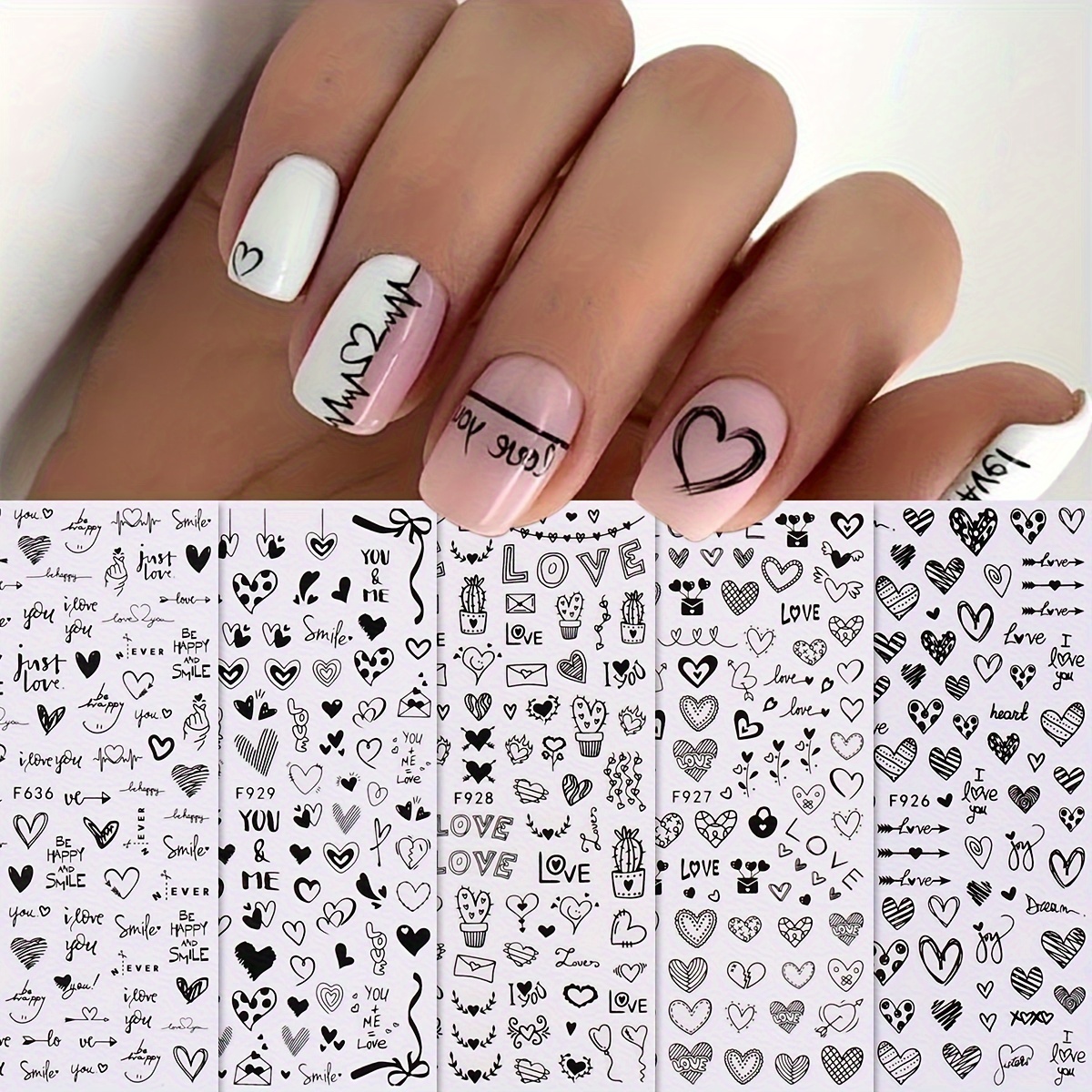 

5 Sheets Valentines Nail Stickers, Black Heart Nail Art Sticker Decal, Solid Hollow Heart 3d Self-adhesive Nail Design For Acrylic Nail, Nail Art Supplies For Women And Girls