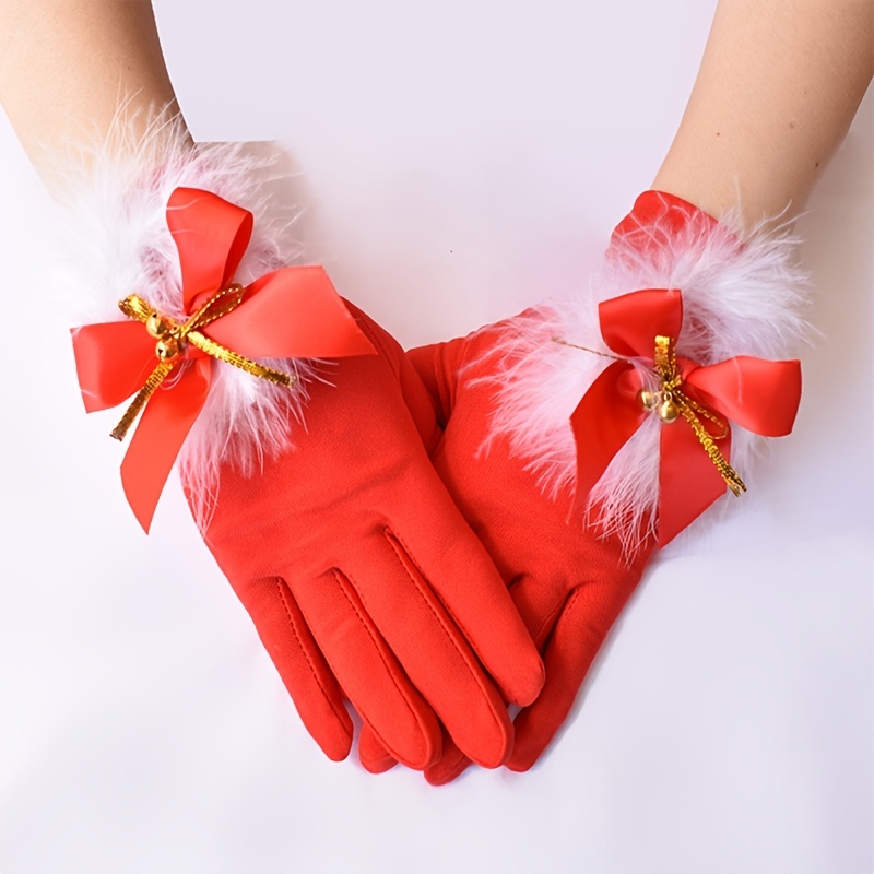 1 Pair Santa Claus Holiday Gloves White Faux Fur Fancy Dress Party Short Red Christmas Gloves Fancy Dress Christmas Costume Accessories