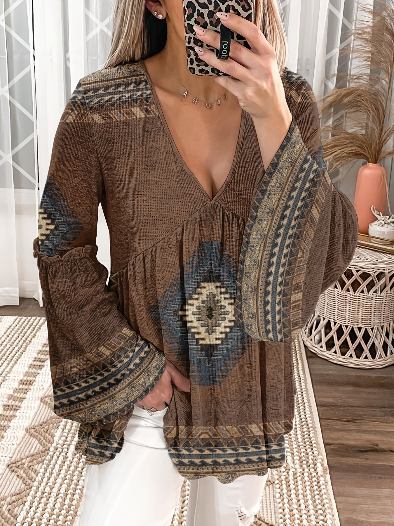 Vintage Print Crew Neck T shirt Western Loose Long Sleeve - Temu