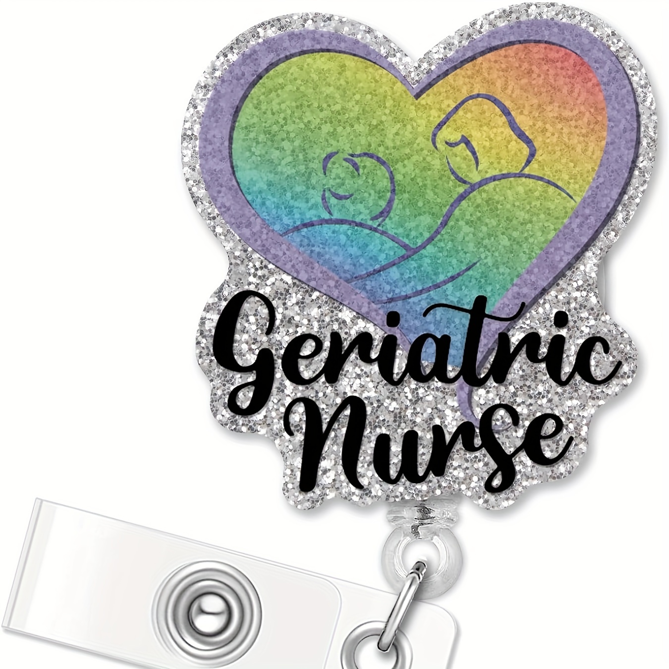 Geriatric Nurse Retractable Silvery Glitter Badge Reel Funny