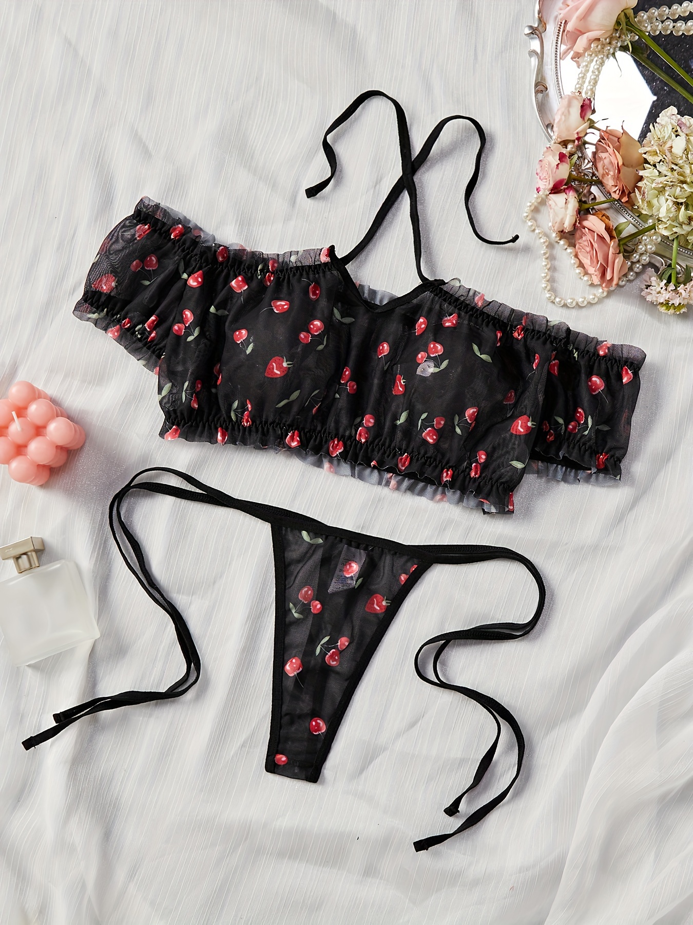 Strawberry Print Bra & Panties, Ruffle Bow Tie Bra & Mesh Bikini Panties  Lingerie Set, Women's Lingerie & Underwear