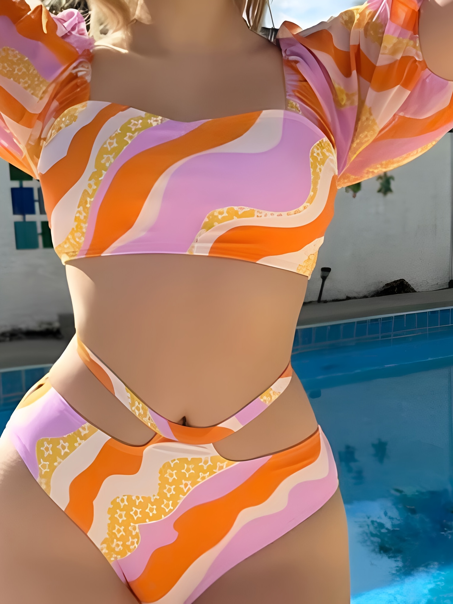 Allover Abstract Print Hollow High Waisted Bikini Cute Puff - Temu
