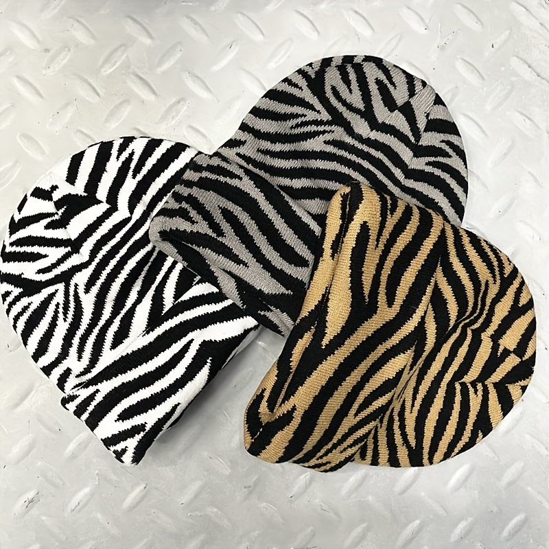 Zebra Print Winter Cuffed Beanie Hat Unisex Streetwear Y2k - Temu Canada