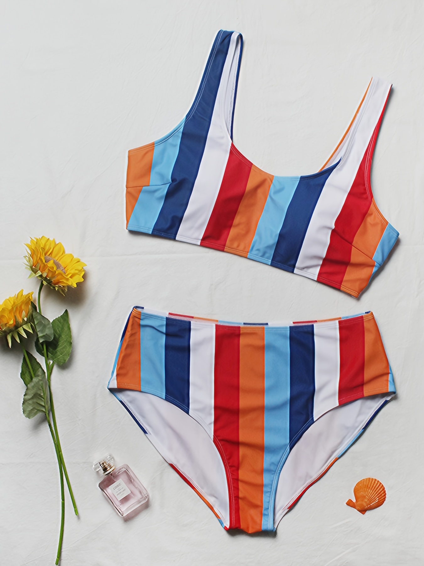 Plus Rainbow Striped Bikini Swimsuit