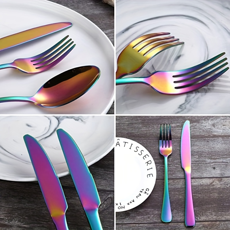 48 Pieces Rainbow Matte Black Silverware Set, 8 Steak Knives