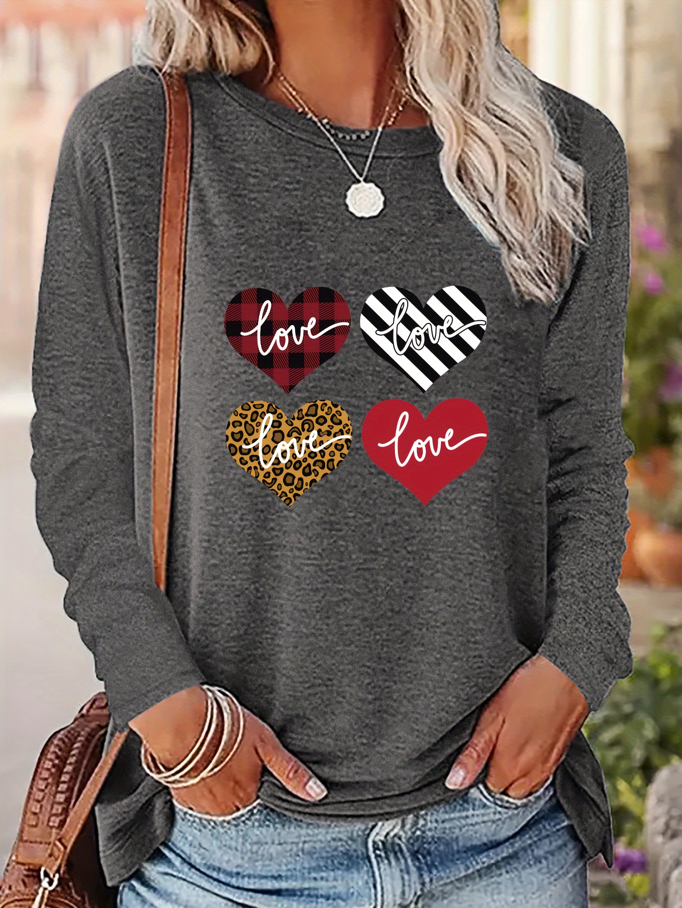 Love Heart Print Loose T shirt Sweet Long Sleeve Crew Neck - Temu