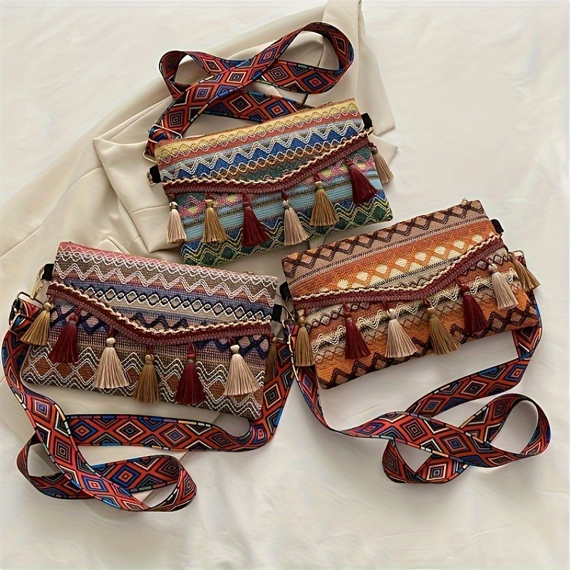 

1pc Fashionable Women's Shoulder Bag With Good-looking Pattern, Ethnic Style Tassel Cross Body Small Bag