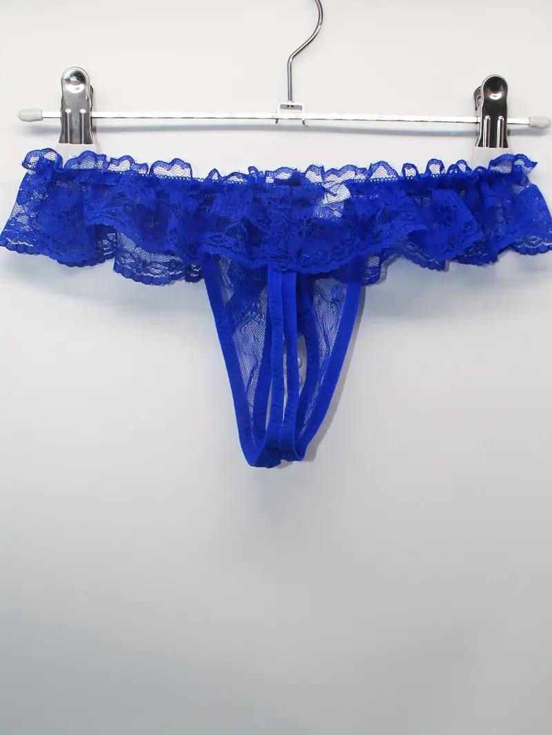 Blue Mesh & Lace With Satin Bow Thong - Knickers  