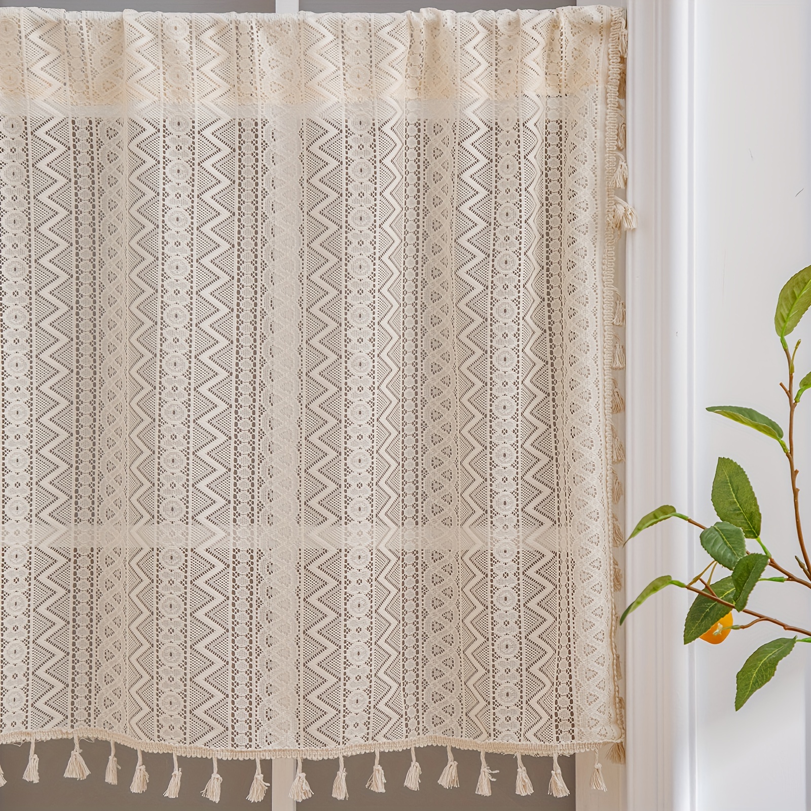 Boho Beige Tassel Trim Curtains Geometric Rod Pocket Coffee Curtains