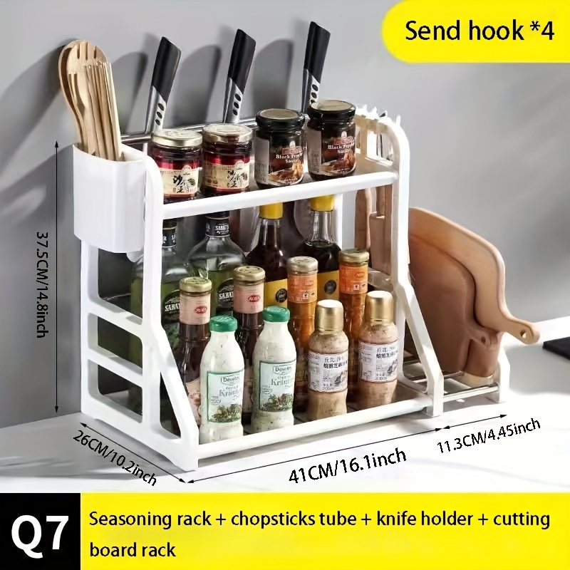 2 Tiers Kitchen Countertop Organizer Kitchen Spice Rack Counter Storage  Shelf with Chopsticks Knife Holder Hook Cutting Board Holder 