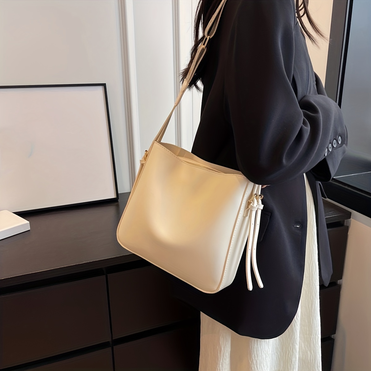 Solid Color Zipper Shoulder Bag, Large Capacity Faux Leather Sling Bag, Adjustable Strap Crossbody Bag,Temu