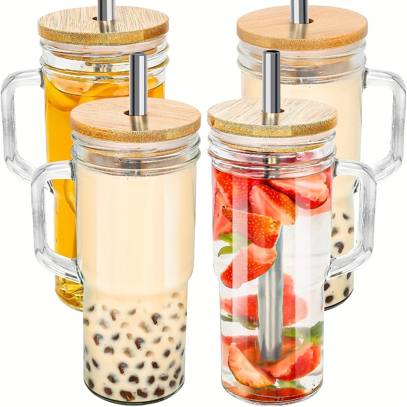 2 Pack Iced Coffee Cups, Boba Cup, 24oz/730ml Mason Jar Drinking Glasses  With Bamboo Lids And Silver Color Straws, Travel Glass Drinking Bottle