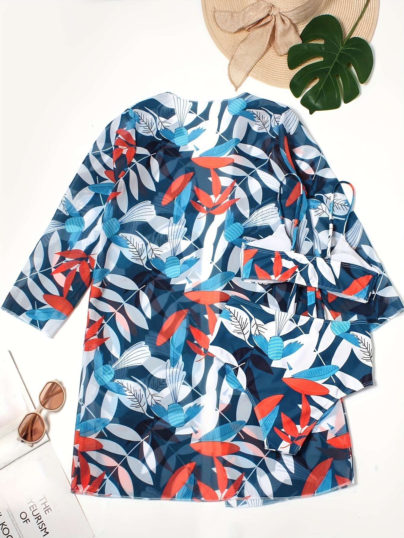 Knot Front Ring Belt Bikini Long Sleeve Cover Tropical Print - Temu Canada